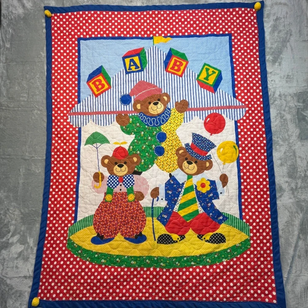 Handmade Baby Quilt Infant Multicolor Circus Teddy Bear Clown Polka Dot Patch